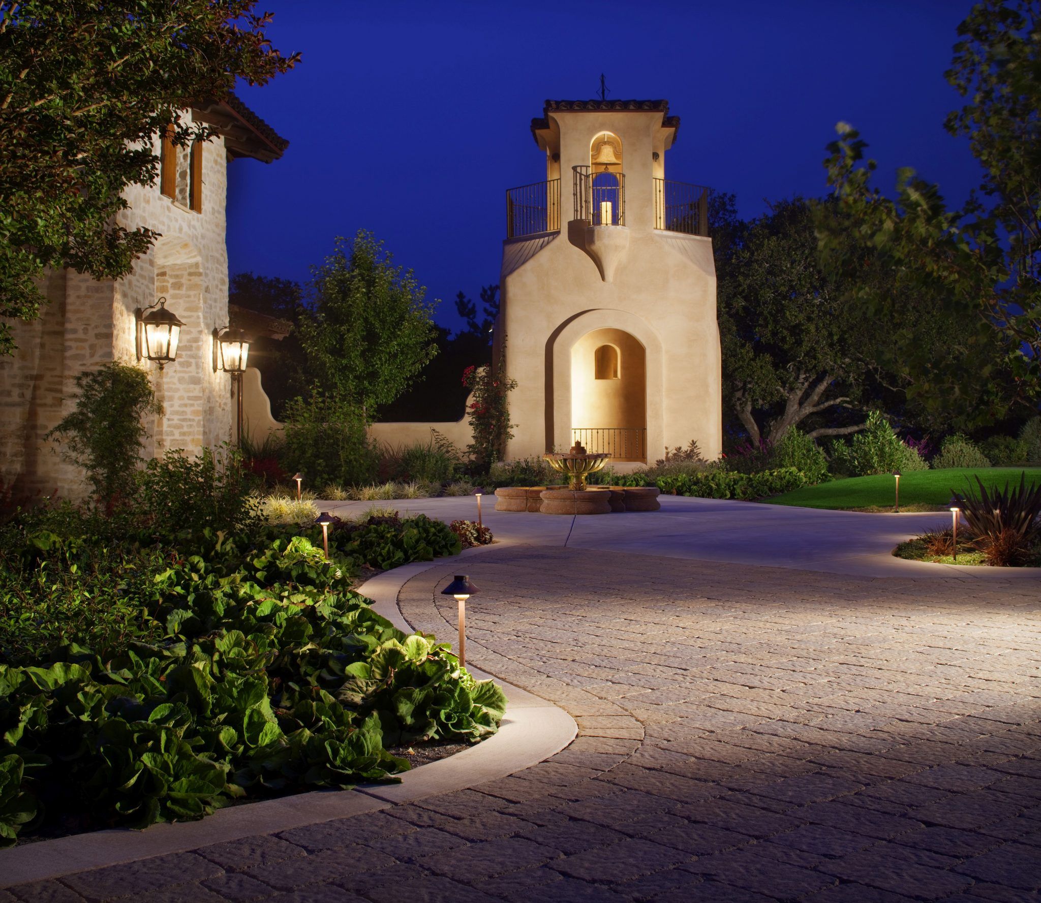 Paving Stone Driveway with Landscape Lighting