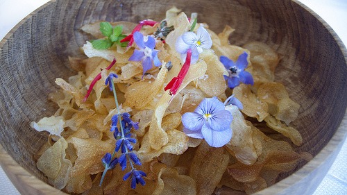 edible flowers on potato chips