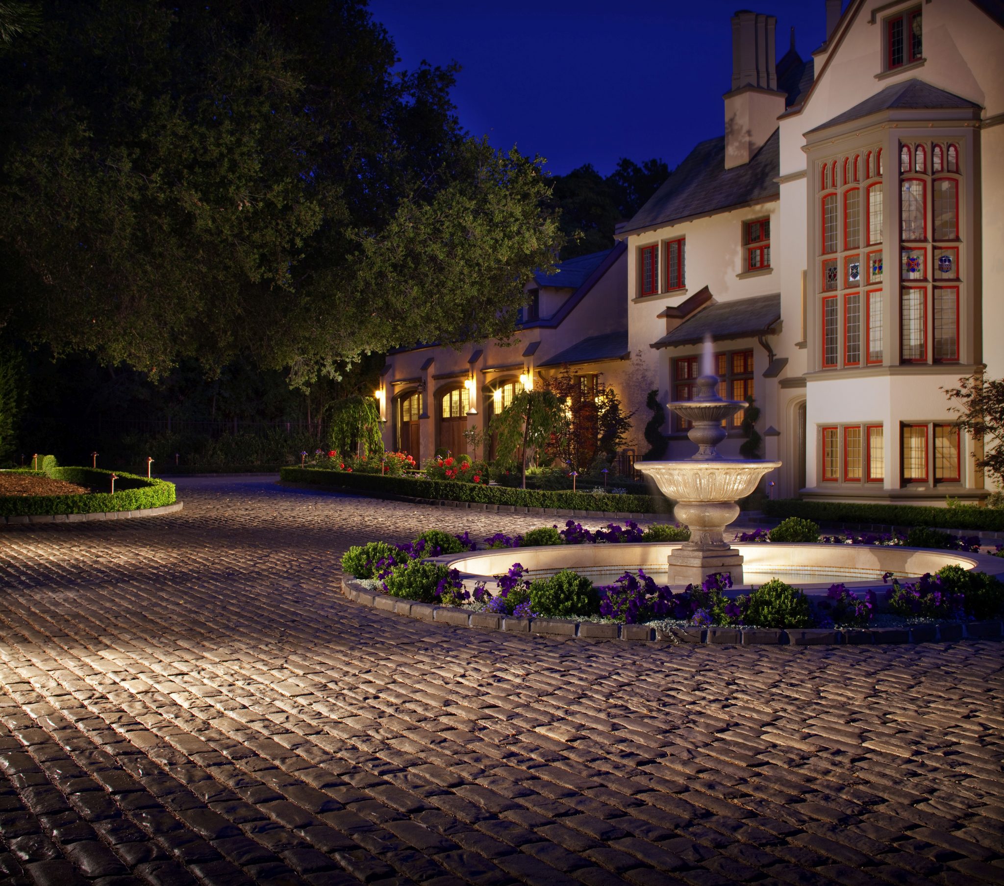 Paver Driveway with Fountain and Landscape Lights