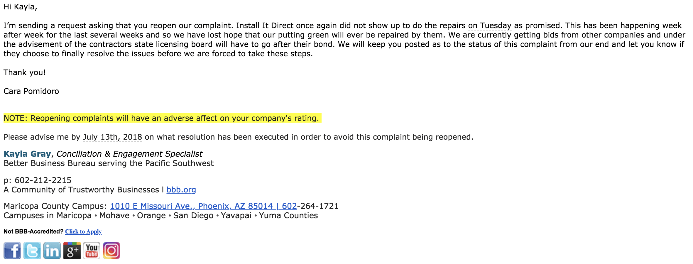 Cara Pomidoro BBB Claim
