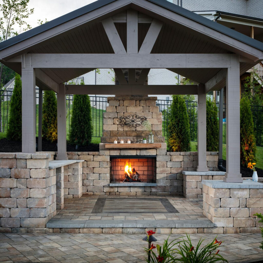 Outdoor fireplace underneath a gazebo in San Diego, CA. 