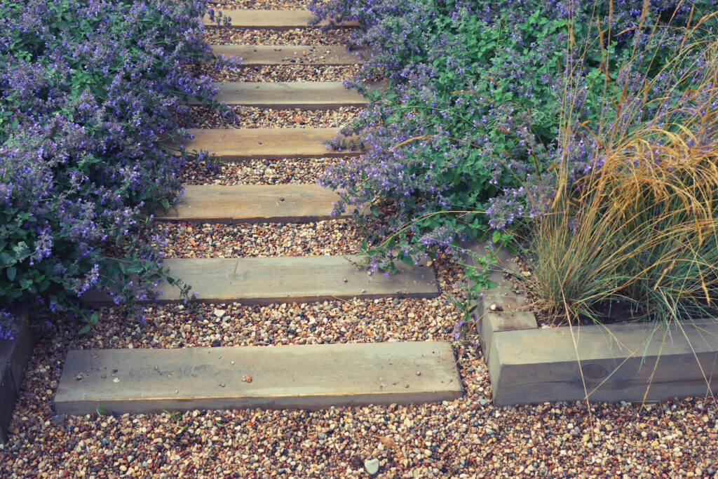 Gravel landscaping with stone steps in Del Mar, California. 