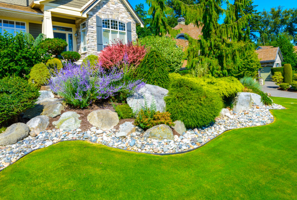 Flowers and stone in front of a home in Fallbrook, CA. 