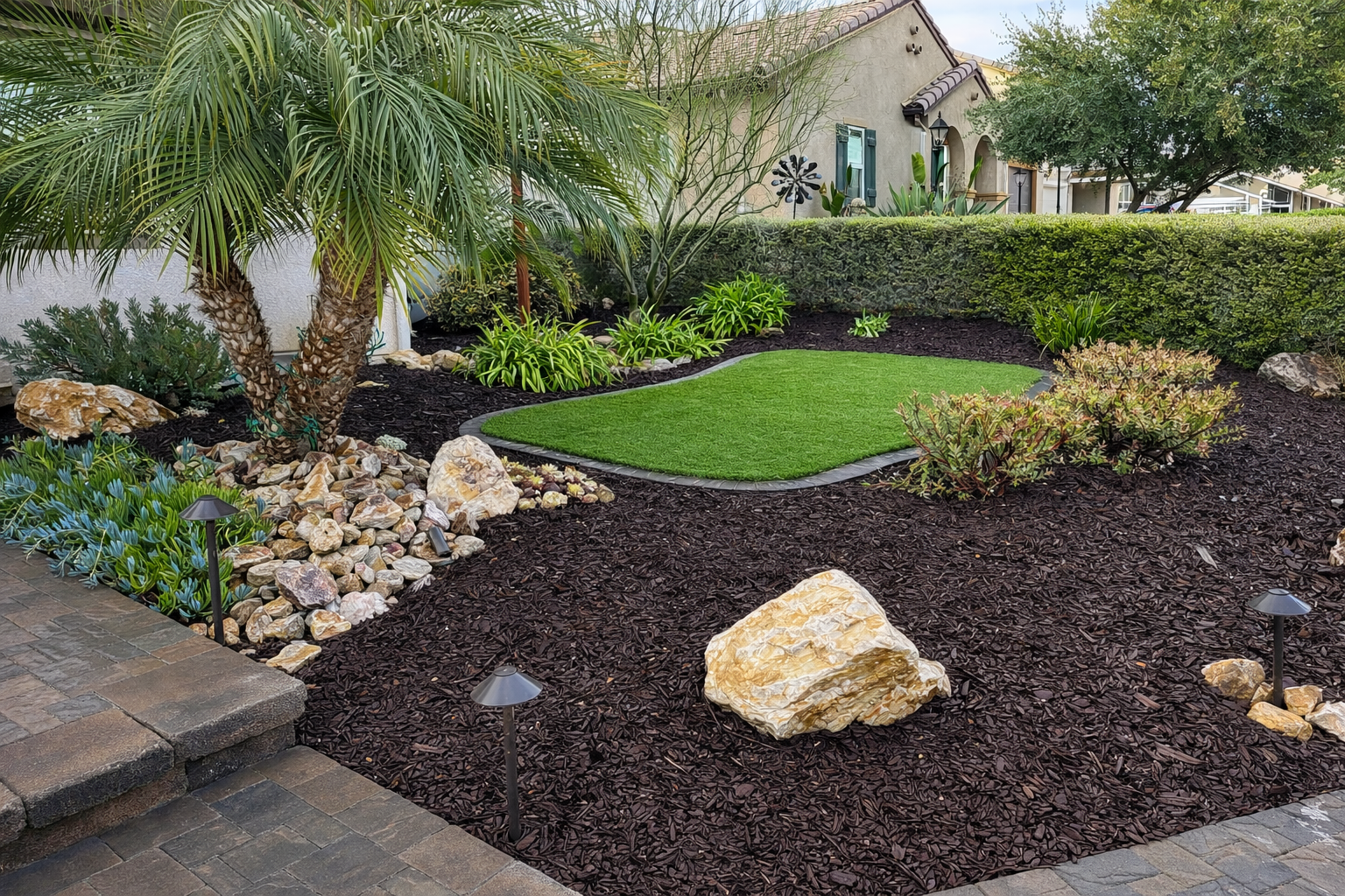 Front yard with dark mulch, boulders, a small palm tree, synthetic turf patch, and low landscape lighting near a paver edge.