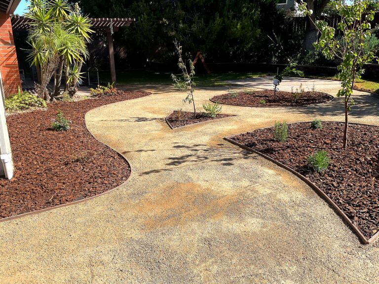 Curving stabilized DG path winds between mulched planting beds with young trees in a residential front yard.
