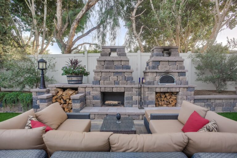 Stone hearth and seating area.