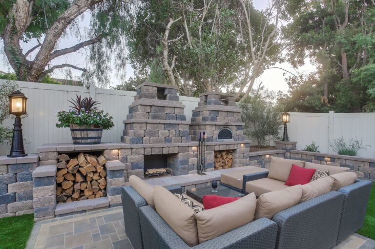Angled fireplace and pizza oven view.