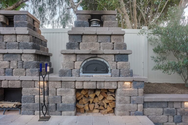 Stone pizza oven detail.