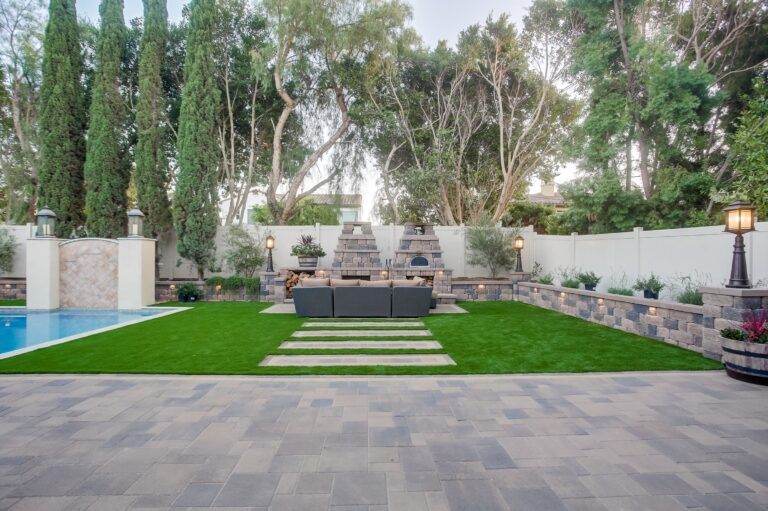 Centered lawn and fireplace view.