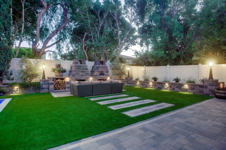 Twilight lawn and fireplace seating.