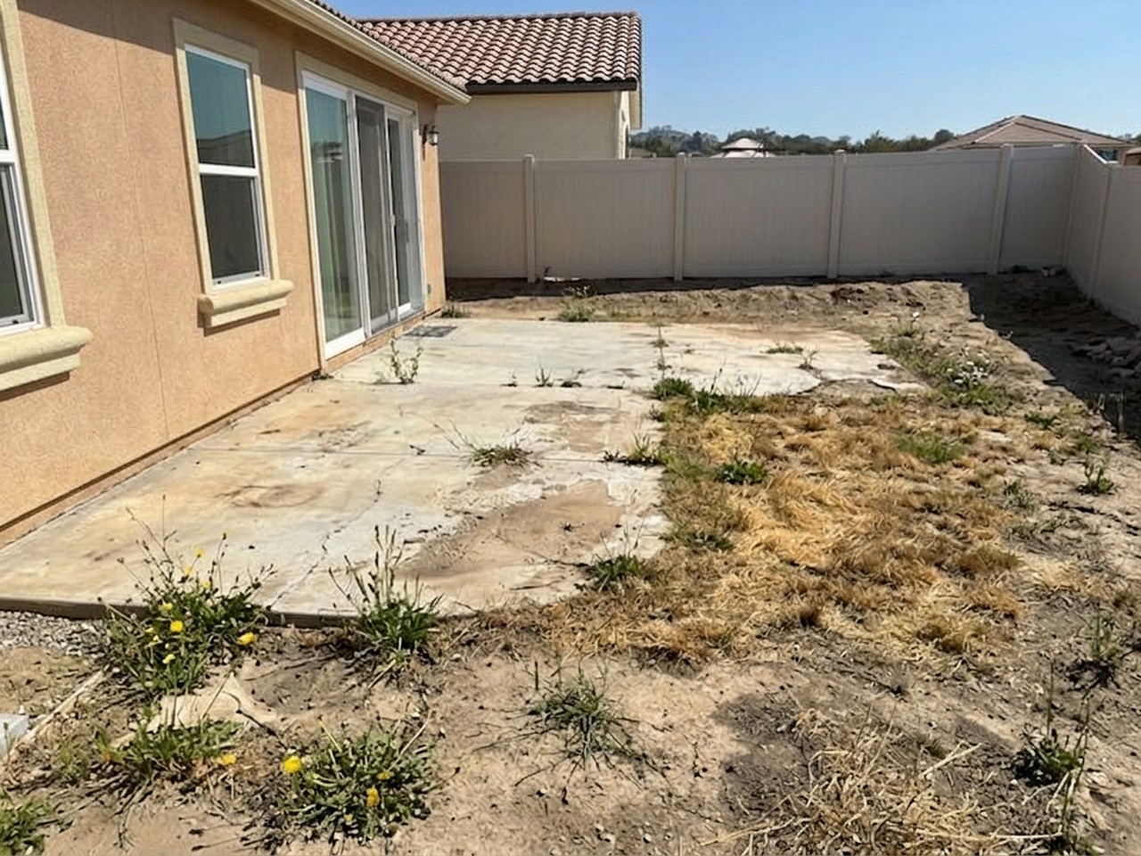 AI-generated before photo for San Marcos Highlands Paver Patio and Artificial Turf Installation - 868sf pavers, 518sf turf, retaining wall (92069)