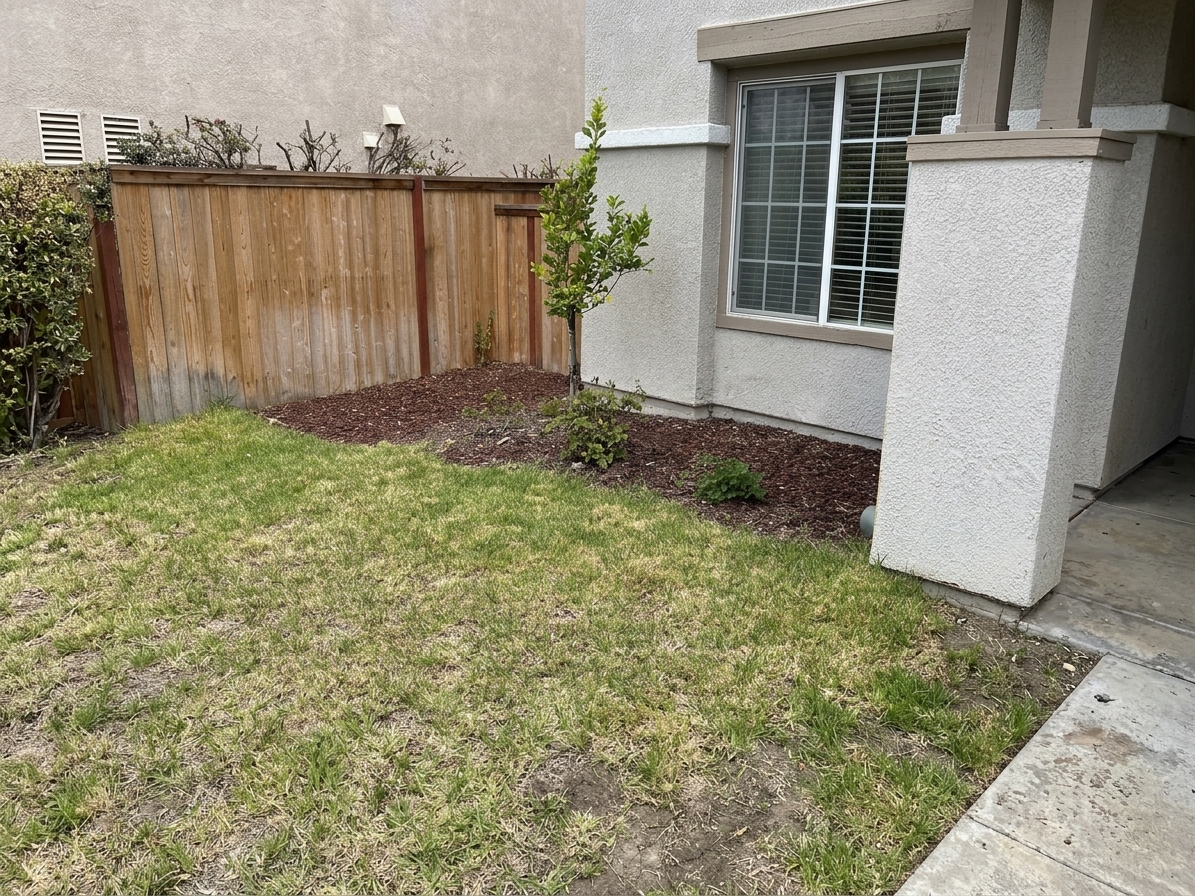 AI-generated before photo for Discovery Hills San Marcos Paver and Wall Project - Victorian pavers, Bastione walls, artificial turf (92078)