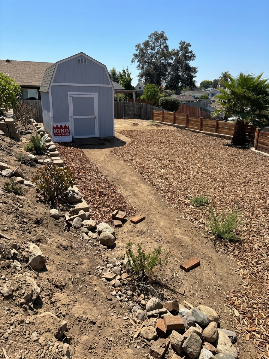 AI-generated before photo for Bostonia El Cajon Paver Patio - curved flagstone Belgard Mega Arbel with retaining walls (92021)