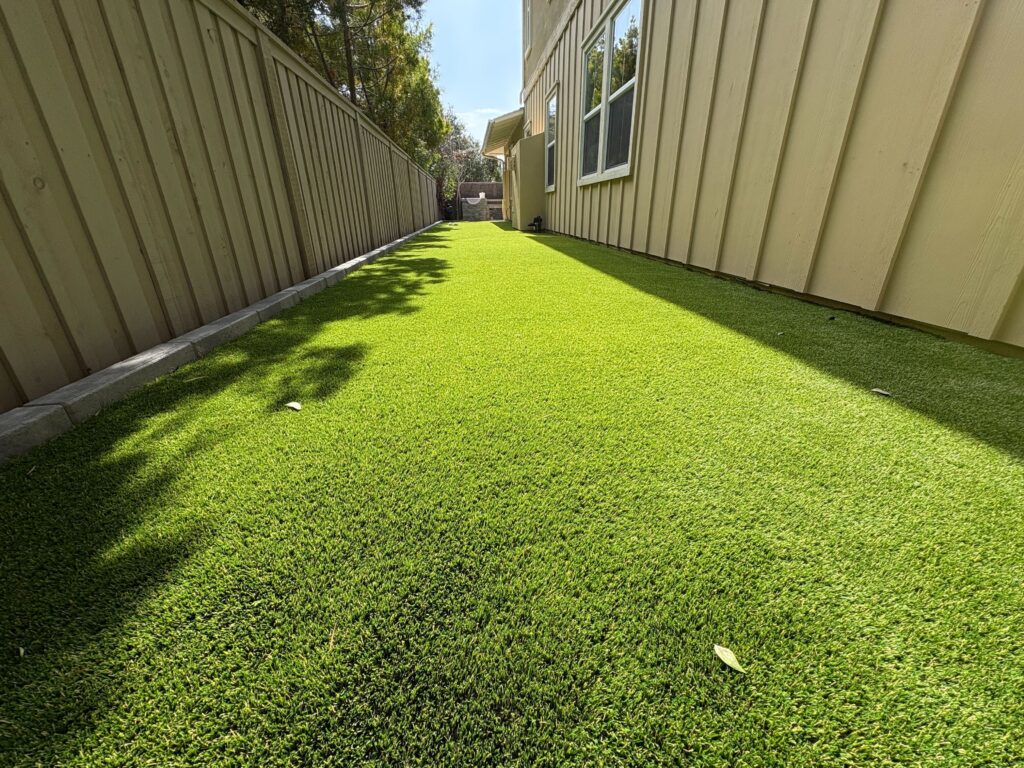 Artificial turf installed in a narrow side yard between a wood fence and the house siding. The turf looks freshly...