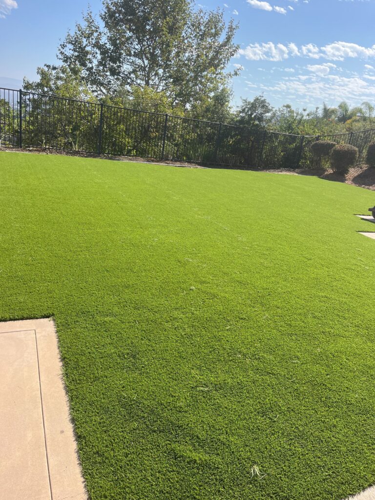 Residential backyard showing a newly installed artificial turf lawn abutting a concrete patio. Perimeter planting beds...