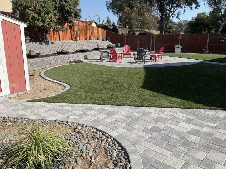 Finished backyard showing an interlocking paver walkway and patio with a contrasting border course, adjacent synthetic turf lawn, and a segmental retaining wall with planters. San Diego project by Install It Direct.