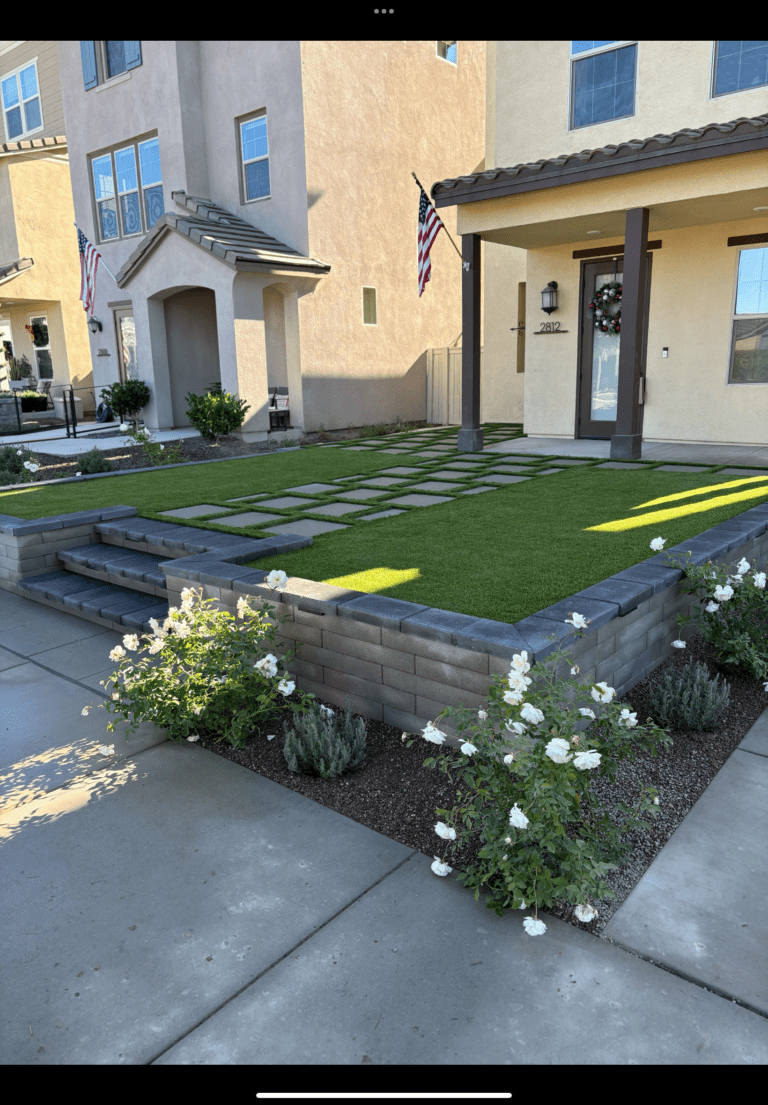 gallery photo showing pavers, artificial turf, retaining wall in Escondido. Install It Direct project.