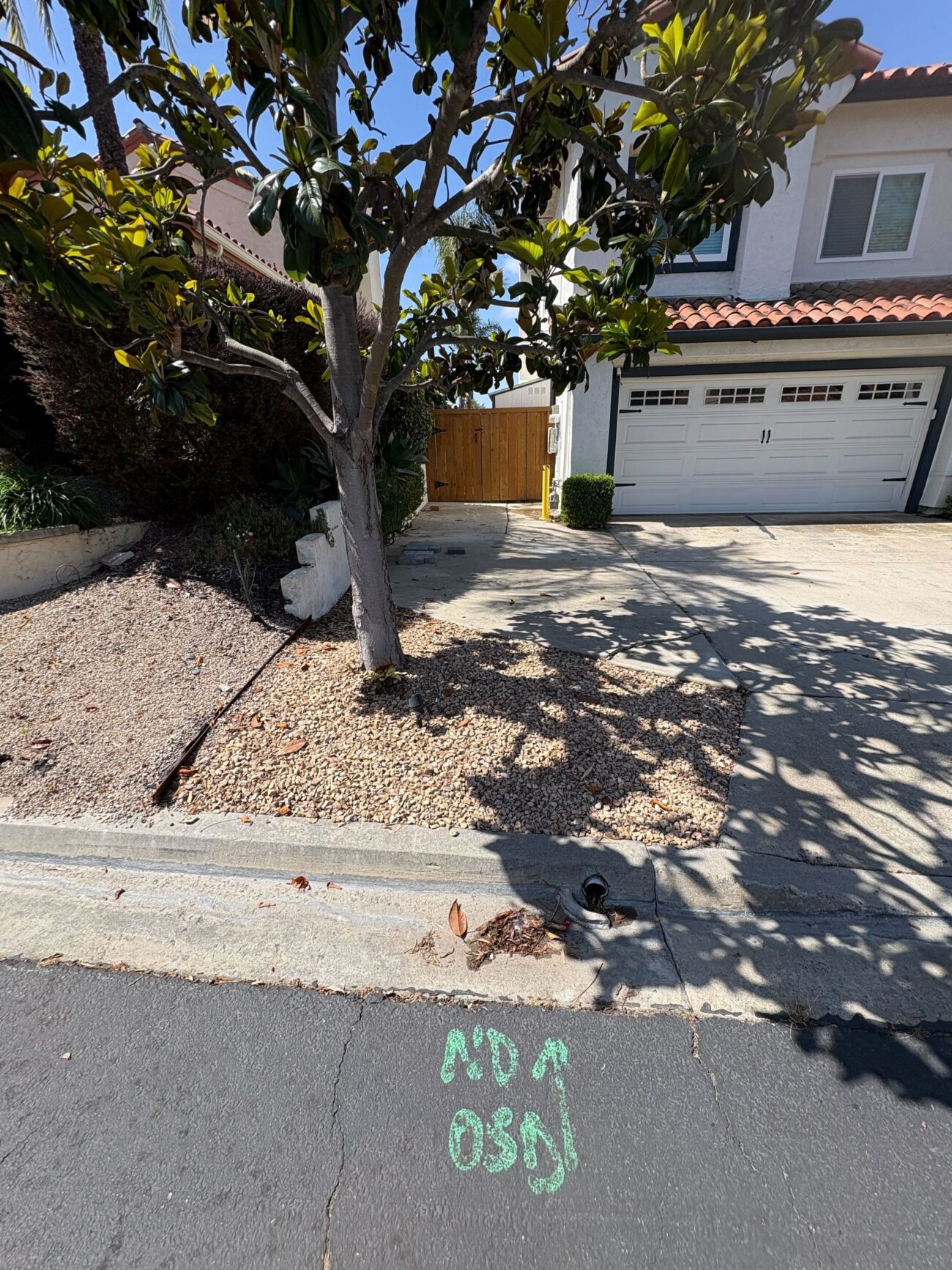 Front yard site photo showing a concrete driveway leading to a two-car garage with a small planting bed at the curb containing a mature tree and rock mulch. Spray-painted utility markings on the street and a visible curbside storm drain indicate pre-construction site-survey activity.