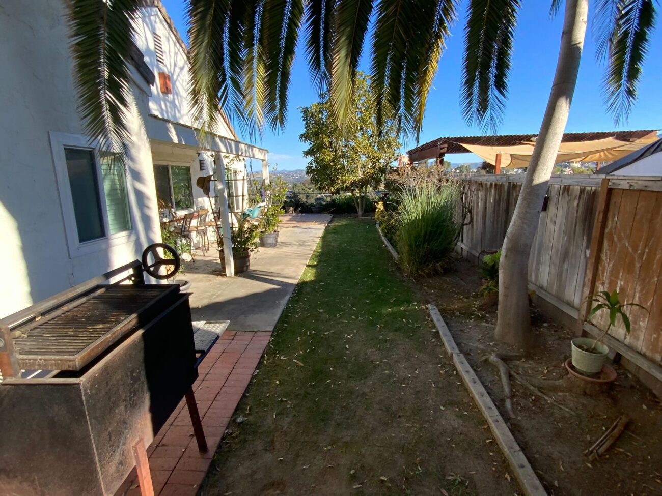 Before: a narrow strip of patchy lawn and a plain concrete walkway, with the homeowners' old freestanding grill.