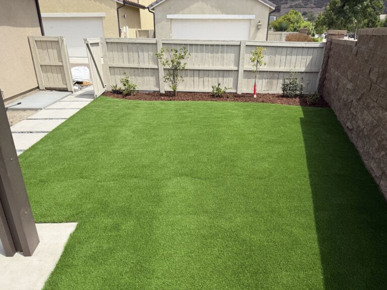 Backyard turf lawn with new shrubs and small trees in mulched beds along the fence, Escondido 92029