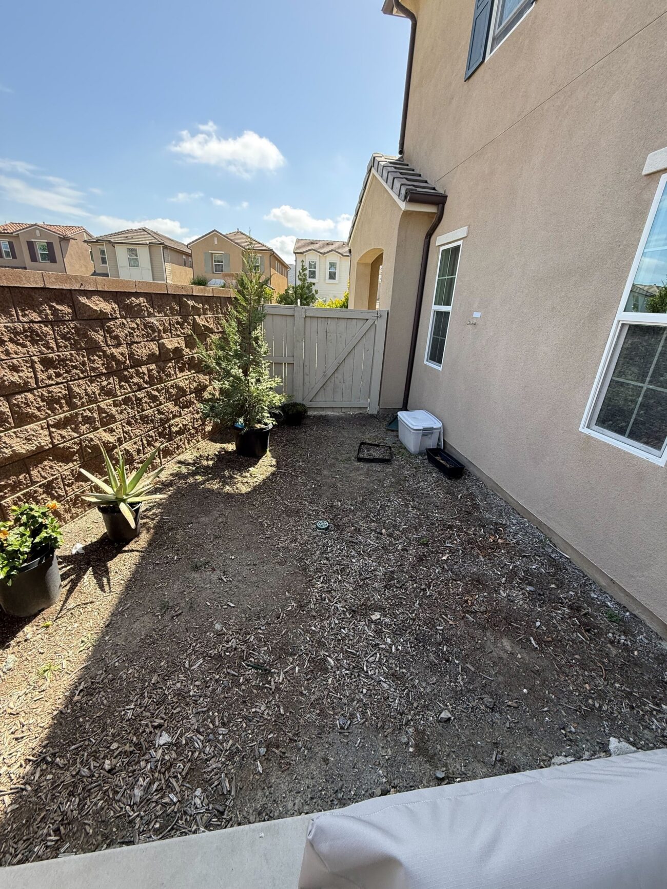 Before: a bare dirt side yard with potted plants along the block wall, Escondido 92029