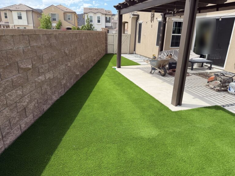 New turf along the block wall, with the crew's plate compactor and wheelbarrow still on the patio, Escondido 92029