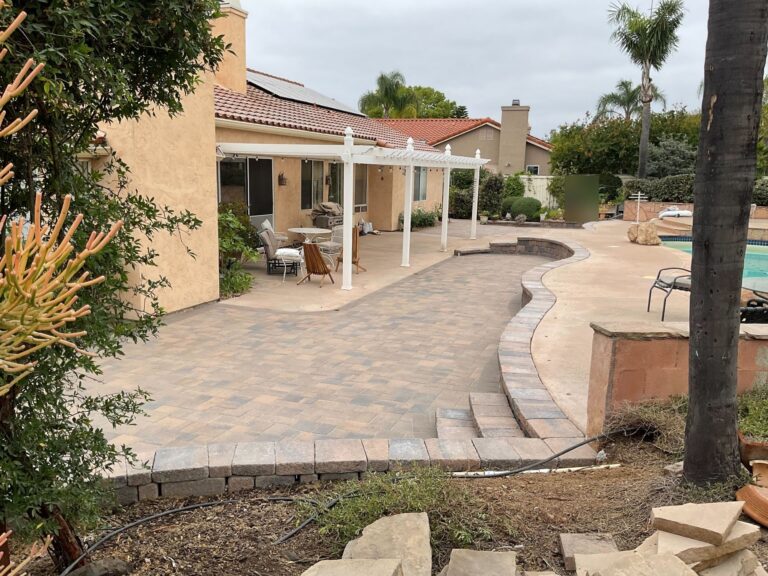 Paver patio running from the pergola to the pool deck steps, Poway 92064