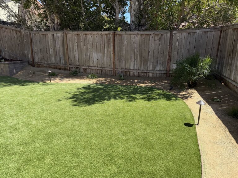 Artificial turf curving along a Desert Gold decomposed granite border with low-voltage path lights and new low-water planting
