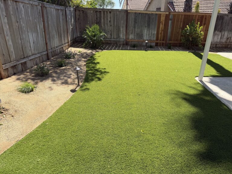 Turf lawn edged with decomposed granite, path lights and new planting along the back fence