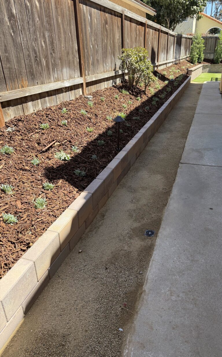 Side yard planter: a long Bastione wall with caps, new planting and mulch, path lights and a decomposed granite walkway